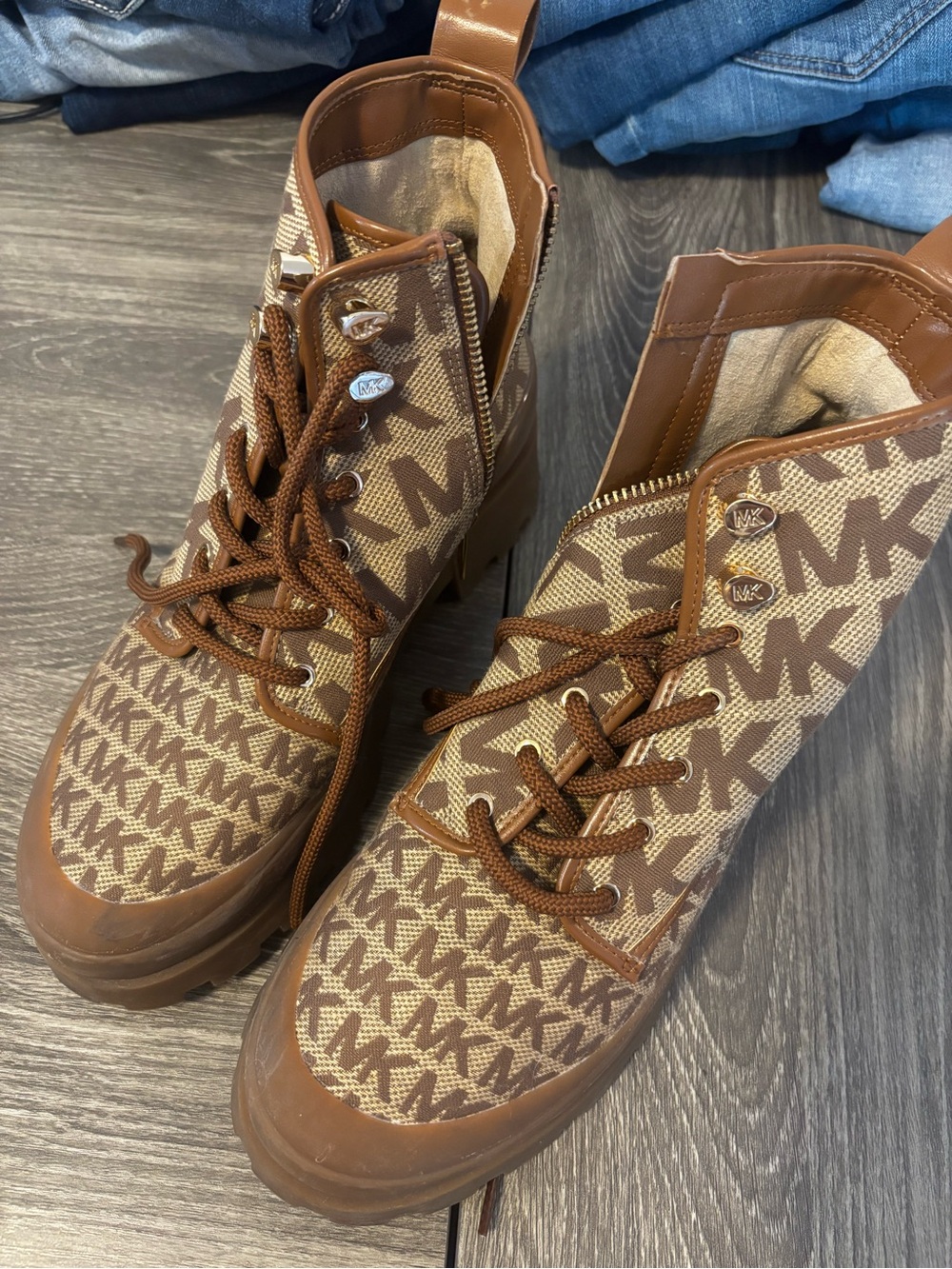 Michael Kors Brown MK Monogram Lace-Up Ankle Boots